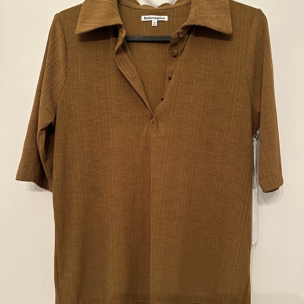 Reformation Brown Ribbed Polo Shirt